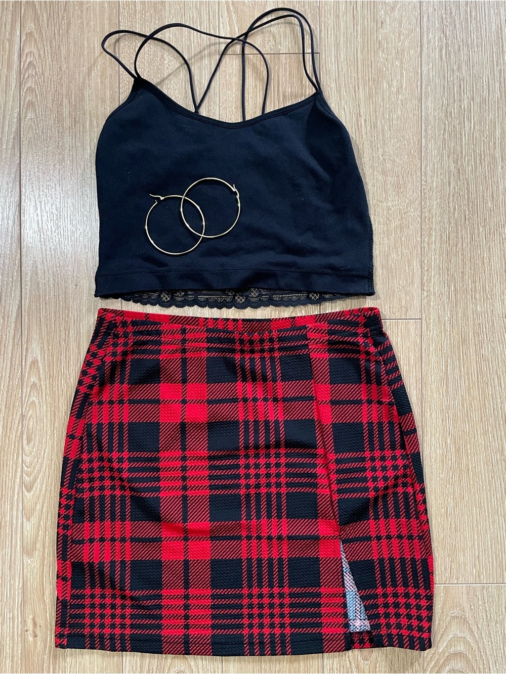 ⚡️ 2PC SET • SHEIN Plaid Skirt Sm + HALF OFF Bluenotes Cami Md
